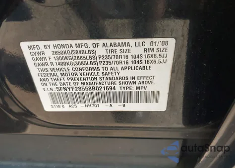2008 Honda Pilot Ex-L из США, поврежденный, VIN 5FNYF28558B021694